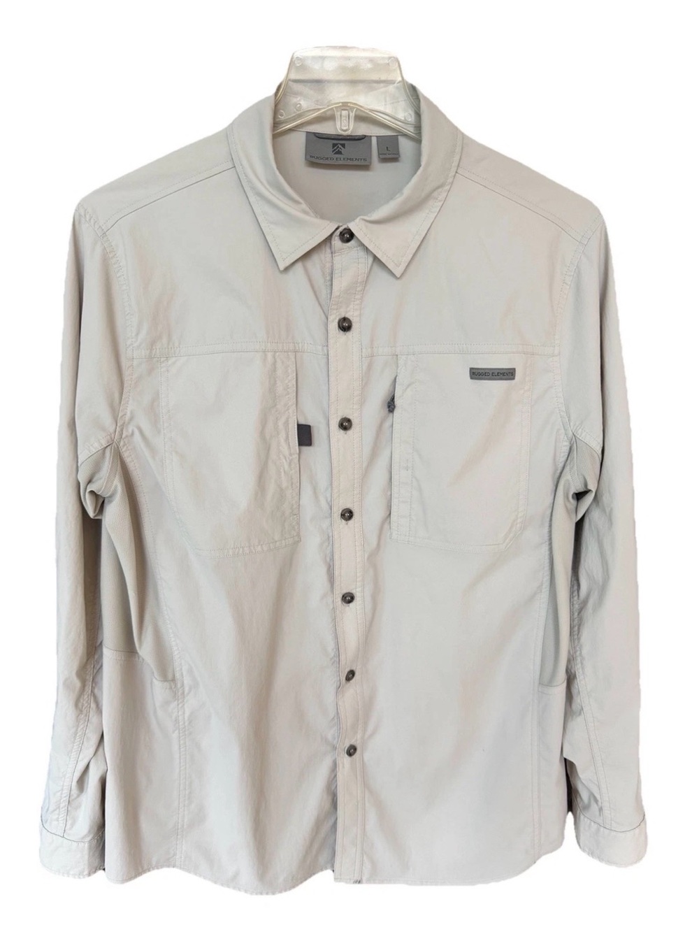 RUGGED ELEMENTS Men's Large Long Sleeve Guide Shirt Pocket Vent Beige Gray